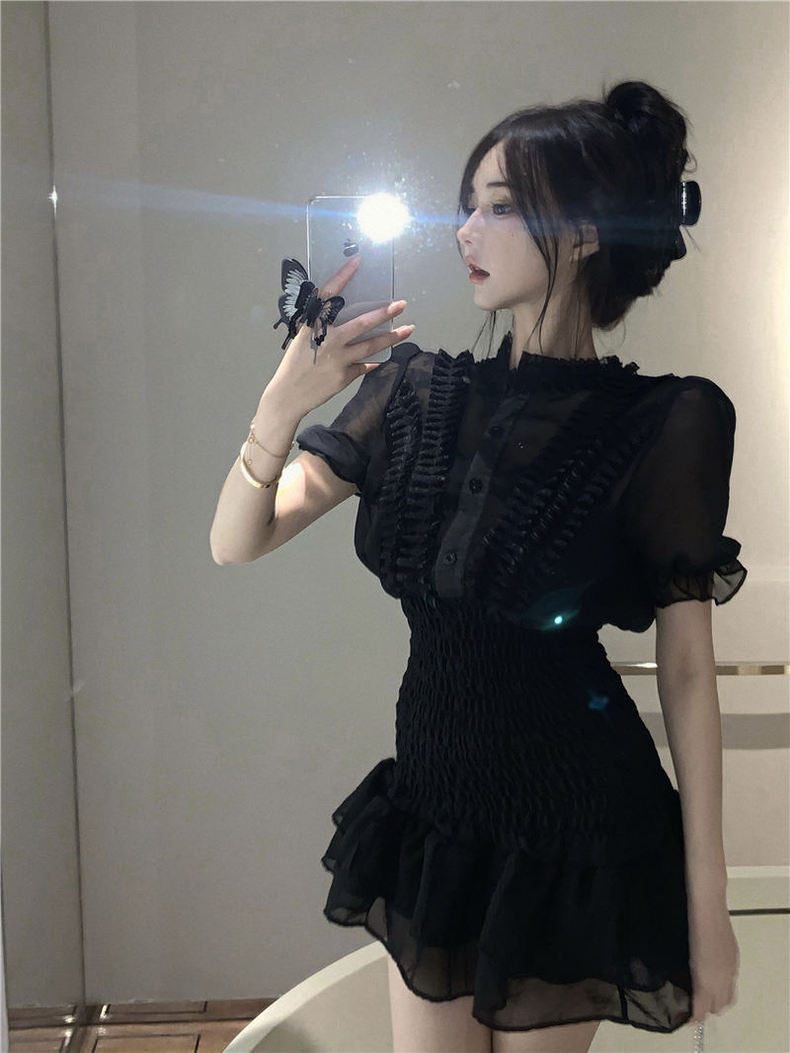 Mesh Puff Sleeve One Piece Dress