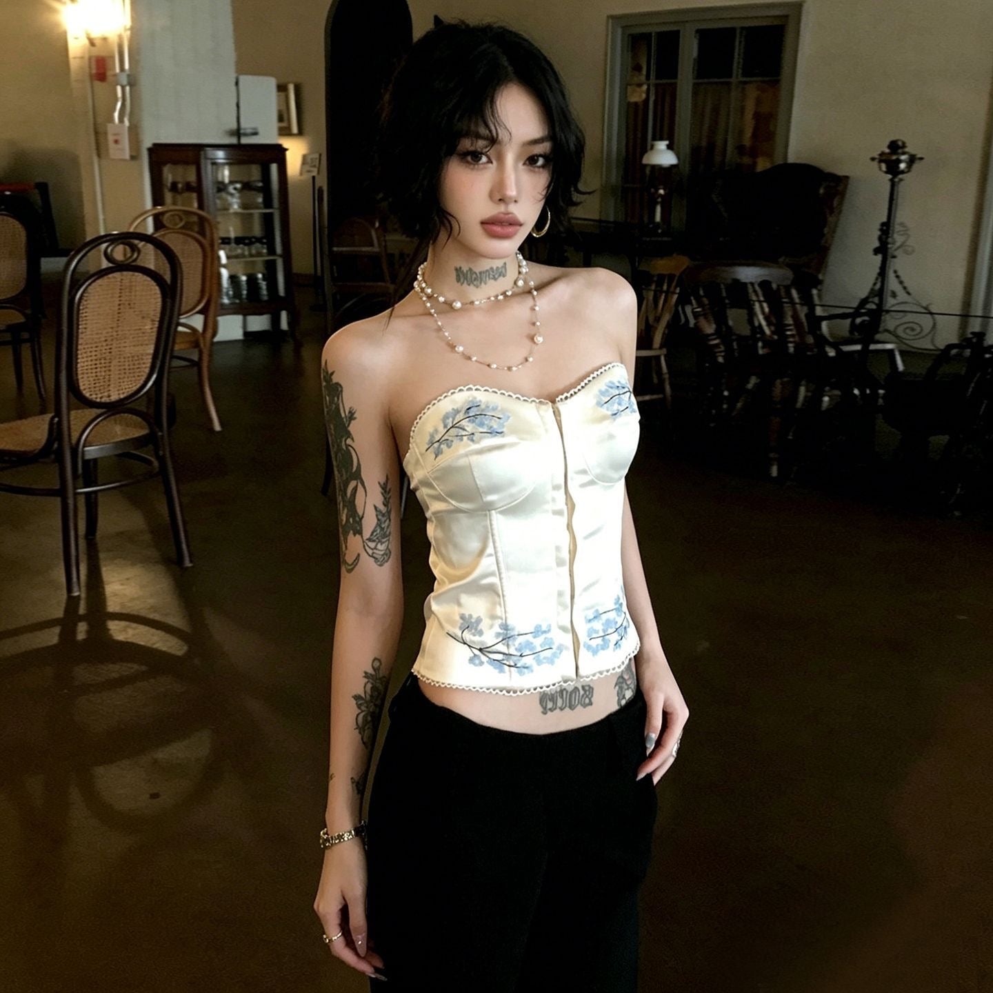 Blue Flo Silk White Tube Top