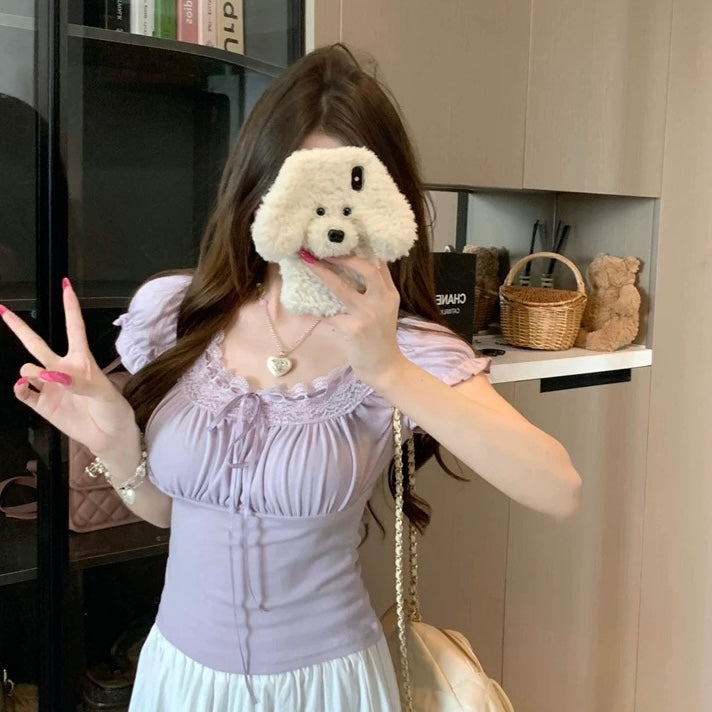 Laces Collar Puff Sleeve Top (Purple, White)