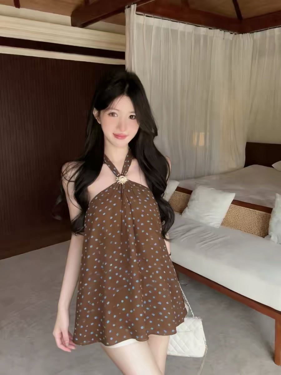 Polka Dot Round Neck Chiffon Long Top
