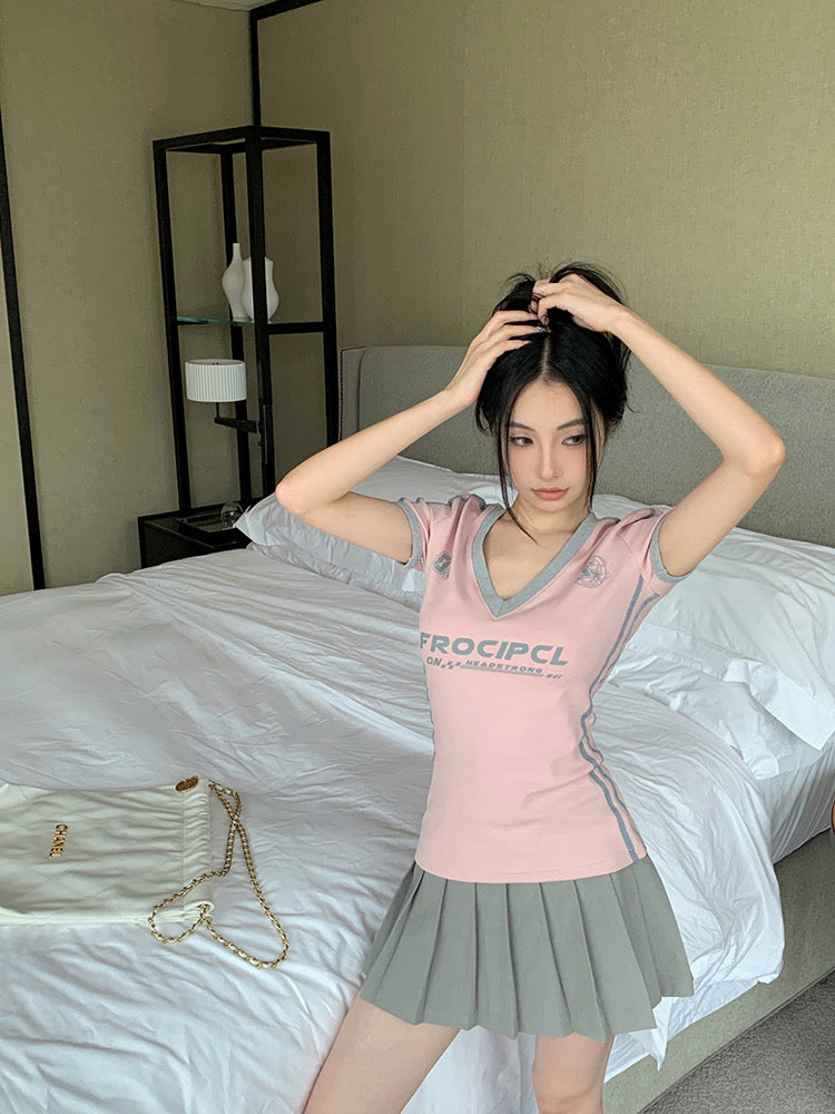 V Collar Two Tone Top (Pink)
