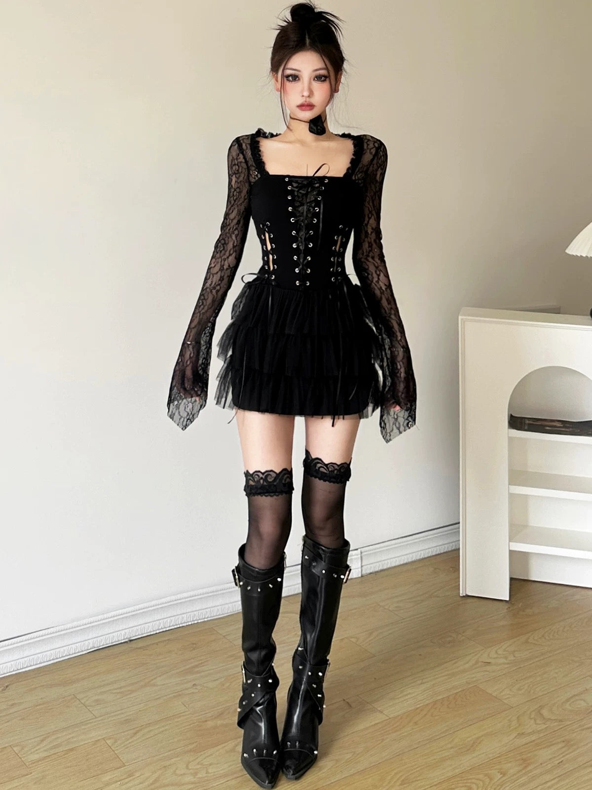 Lacey Square Collar Black Dress (S, M)