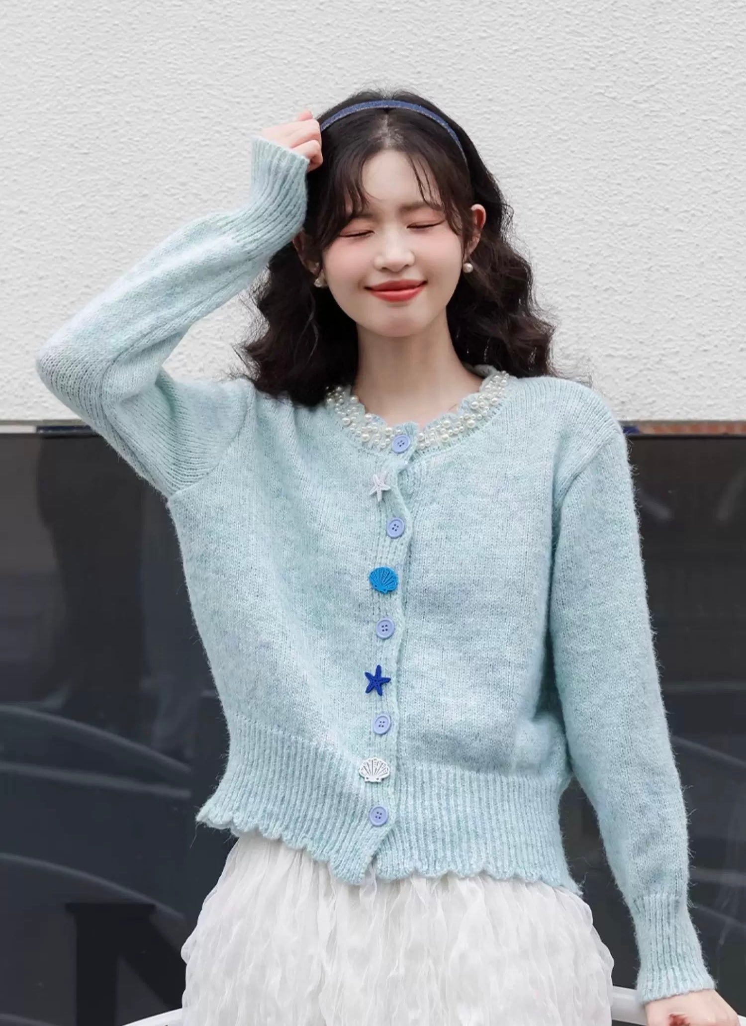 Blue Seashell Pearl Knitted Cardigan Top
