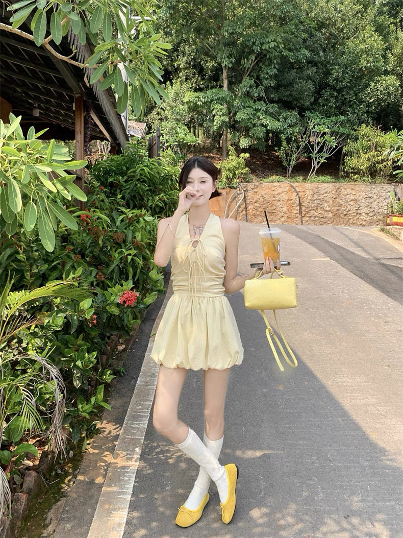 Round Collar Yellow Mini Dress