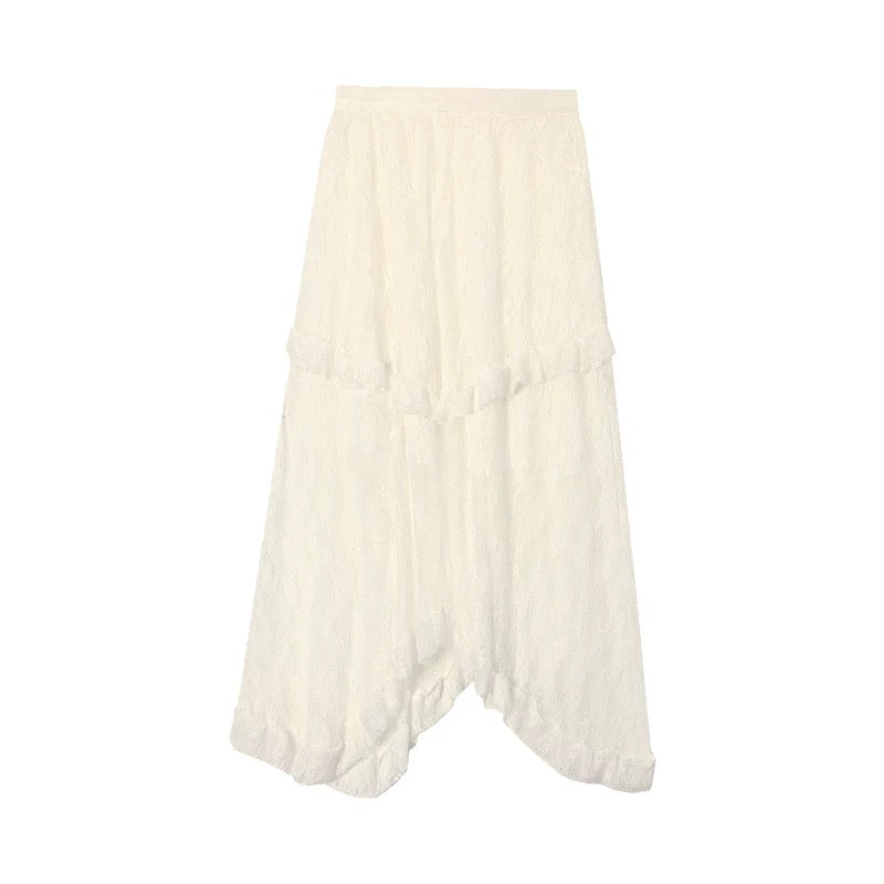 Unequal Beige Lacey Skirt With Lining (Beige)