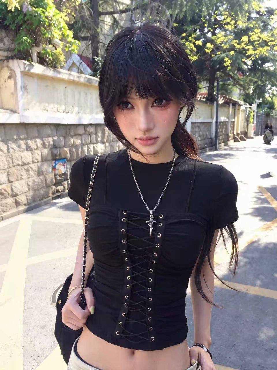 Classic Lace Up Waist Top (White, Grey, Black)
