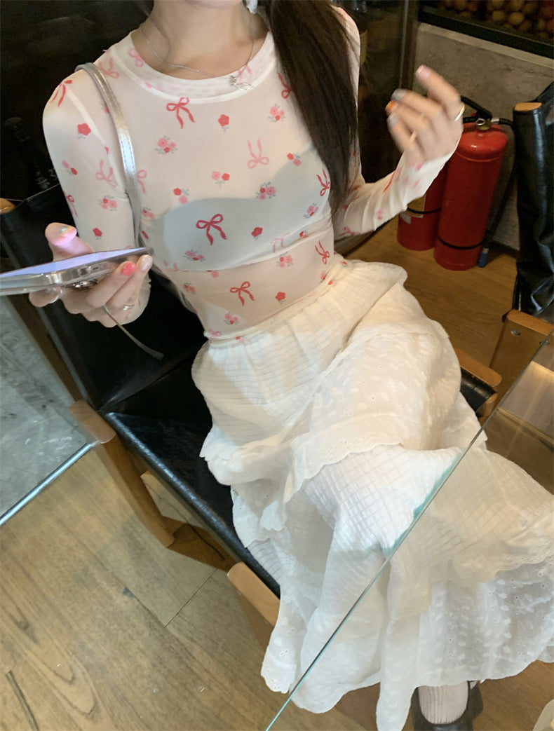 Pink Ribbons Thin Long Sleeve Mesh Crop Top Outerwear