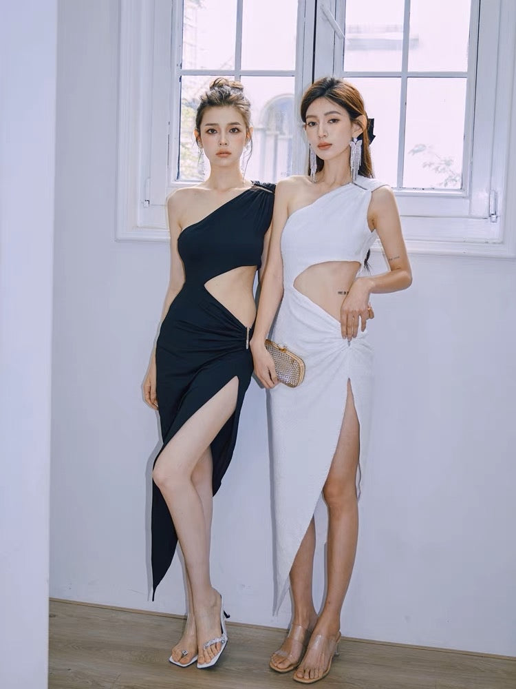 Summer Thin Side Waist Cut Long Dress (Black - S)