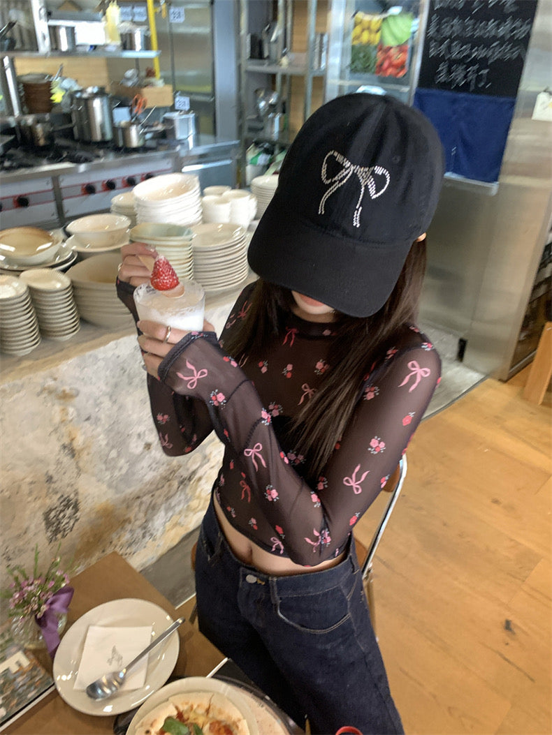 Pink Ribbons Thin Long Sleeve Mesh Crop Top Outerwear