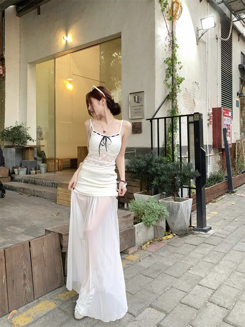 Cream White Mesh Long Skirt (S, M)