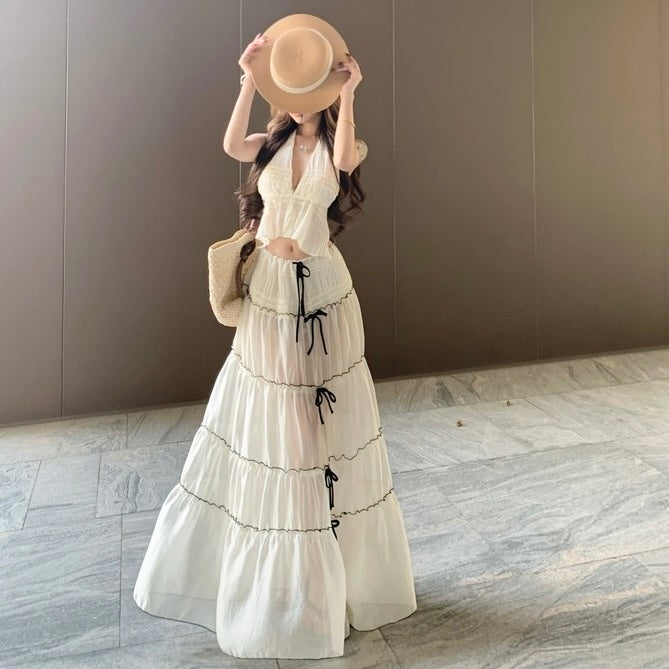 Beige Lace Top + Long Skirt Two Pieces Set