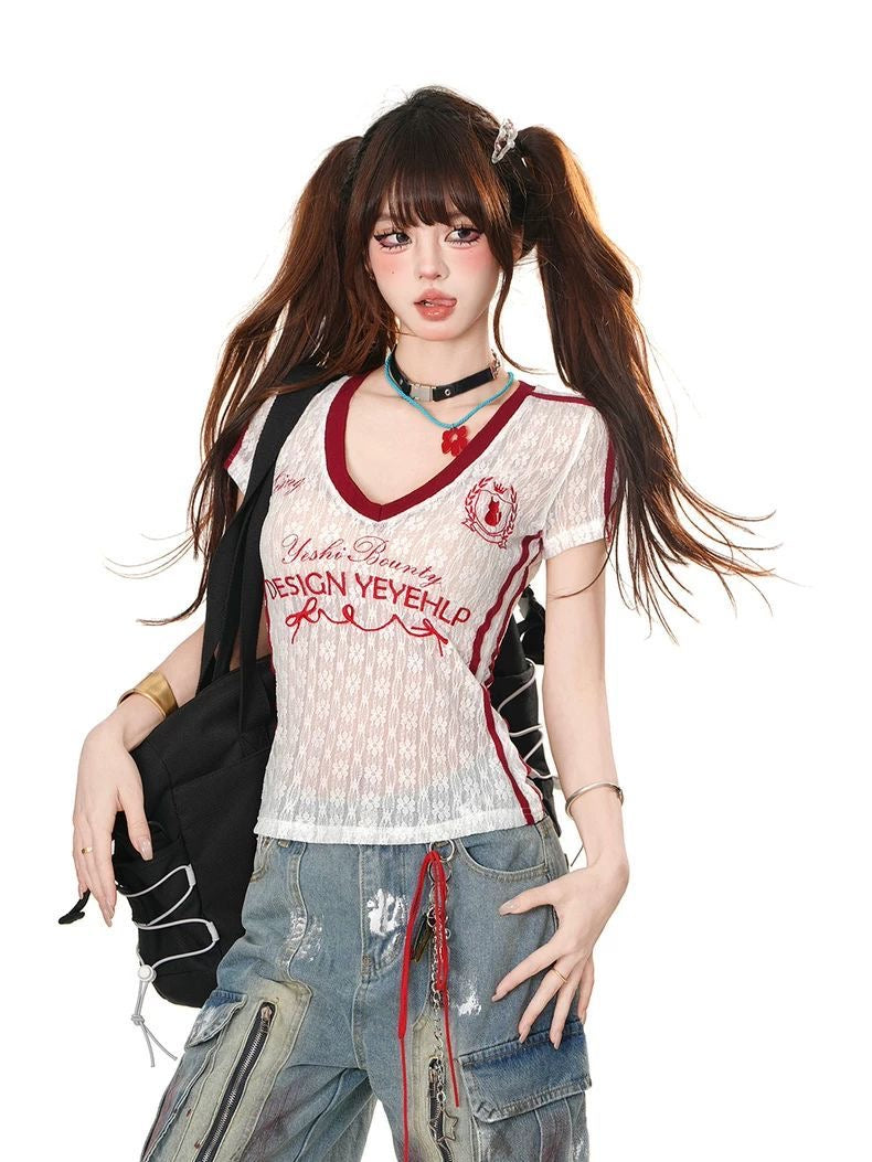 Red V Collar Laces Top