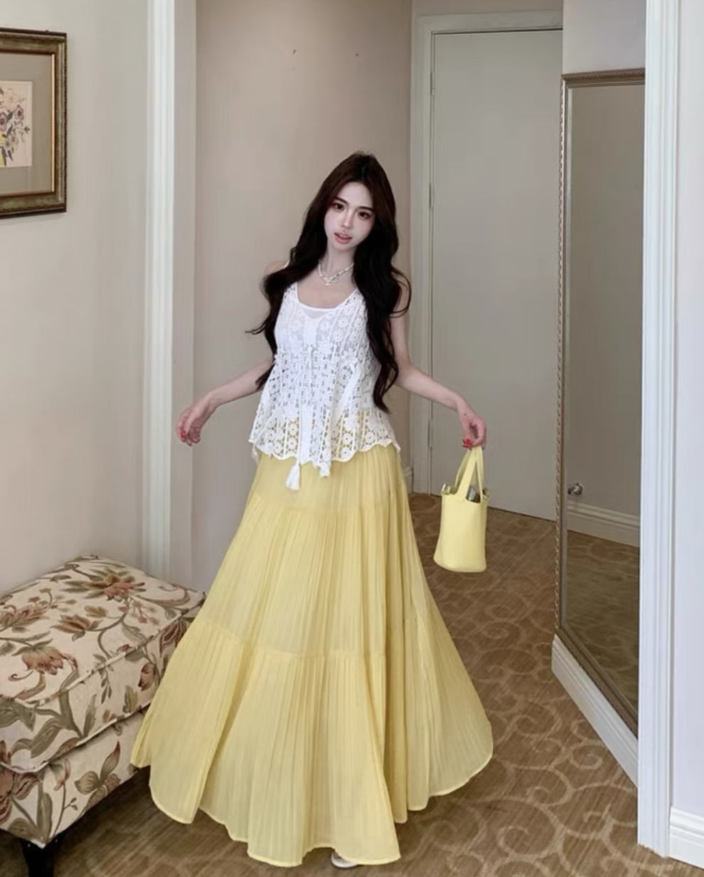 Embroidery White Top + Inner Top + Yellow Skirt Three Piece Set