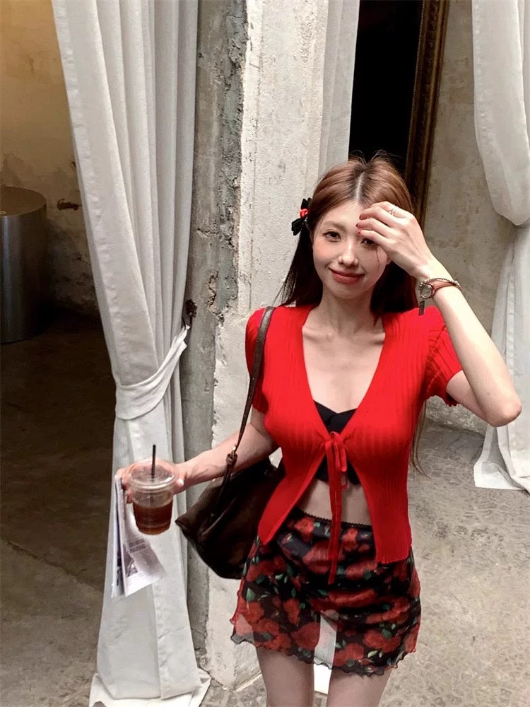 Red Short Sleeve Knitted Cardigan