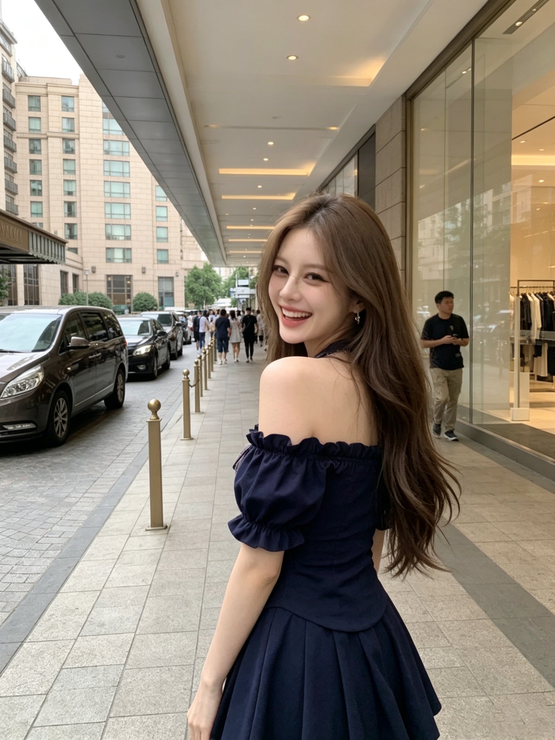 Off Shoulder Top + Blue Skort Two Piece Set (Navy, Khaki)
