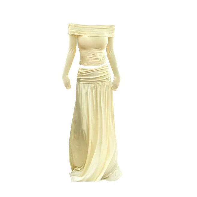 Off Shoulder Long Sleeve Top + Long Skirt Two Pieces Set