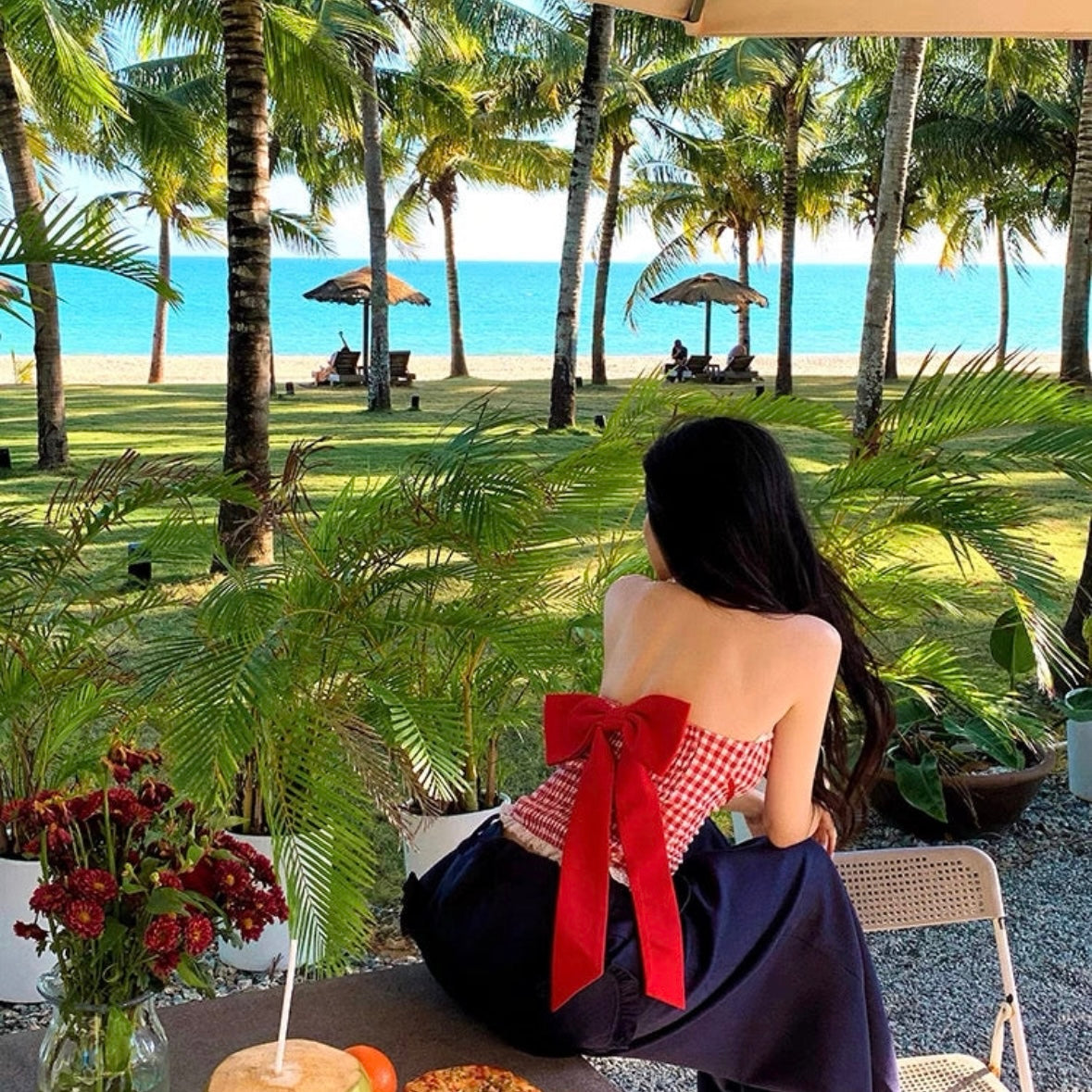 Round Lace V Collar Ginham Top With Pad 胸垫 (Yellow, Red)