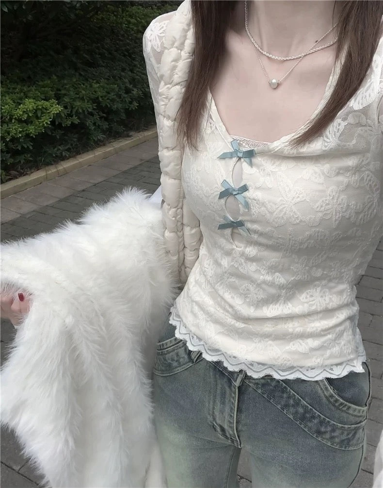 Blue Bows Lace Beige Long Sleeve Top