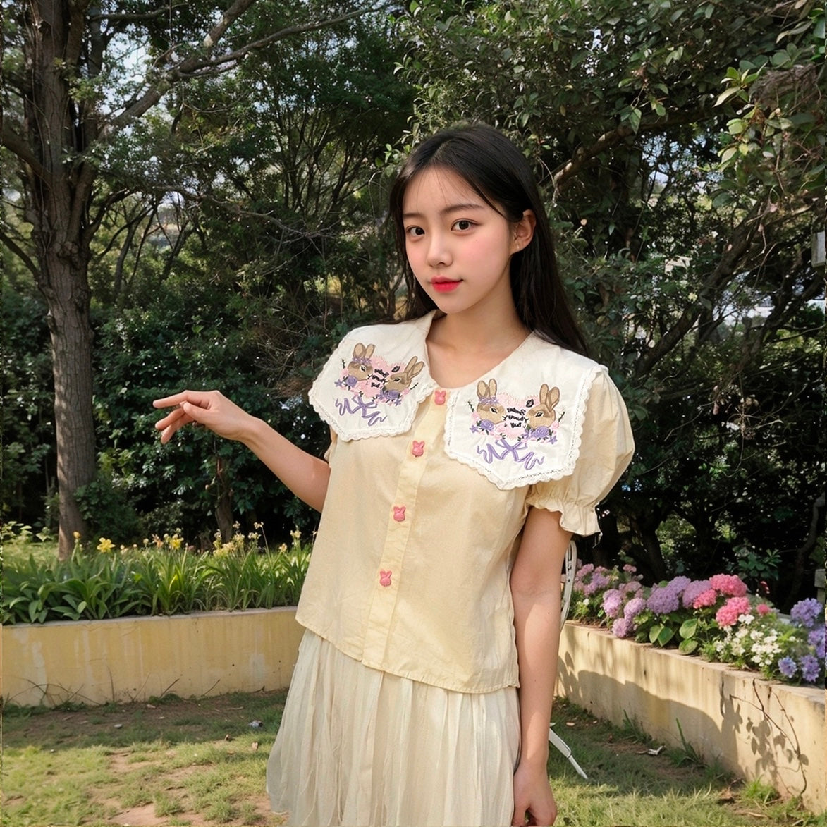 Dolly Bunnies Collar Puff Sleeve Top (White, Beige)