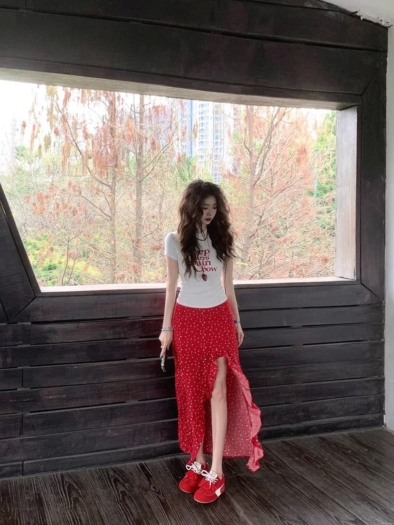 Lora Red Side Cut Long Skirt