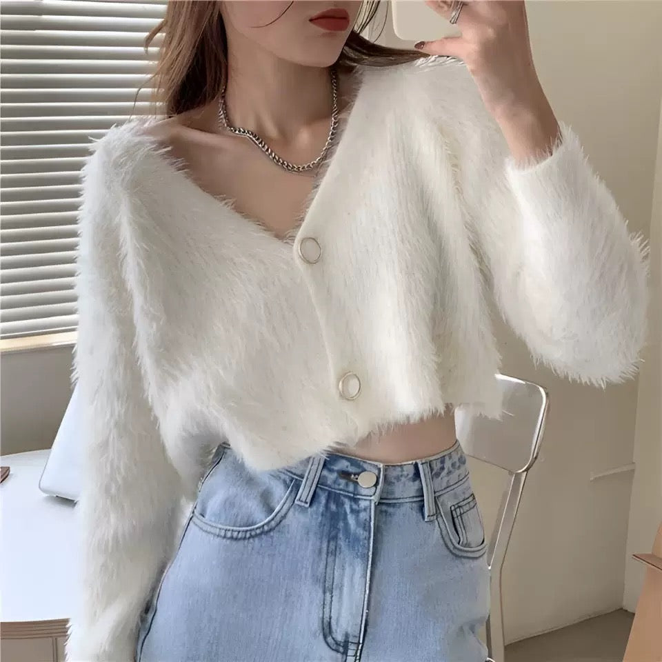 White Fuzzy Knitted Cardigan