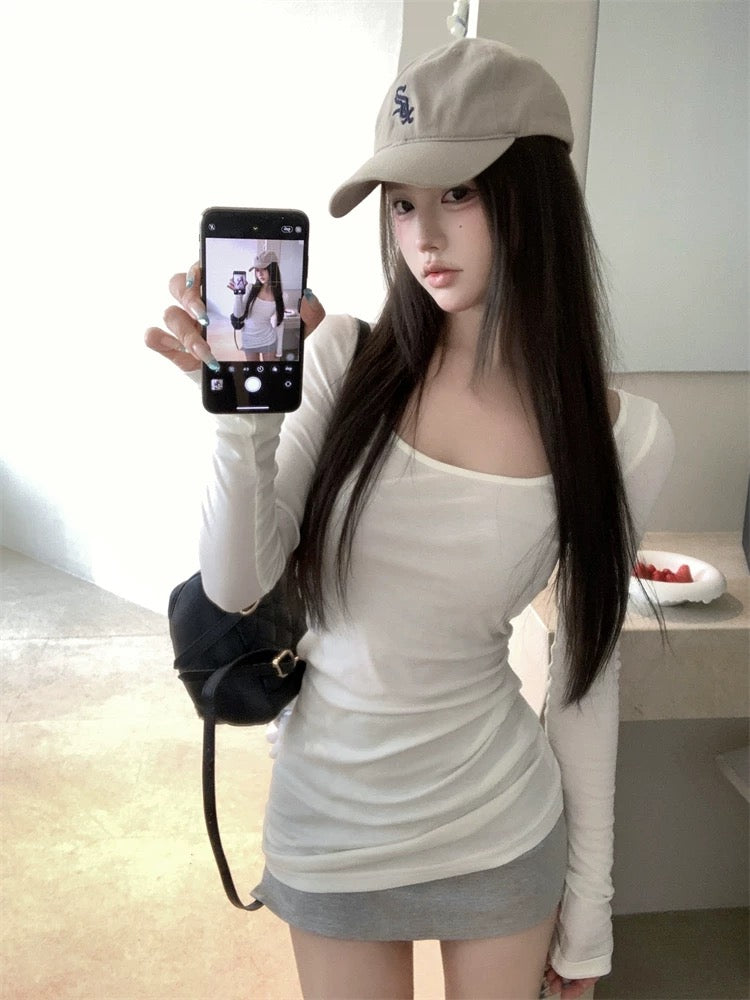 U Collar Thin Long Sleeve Long Top
