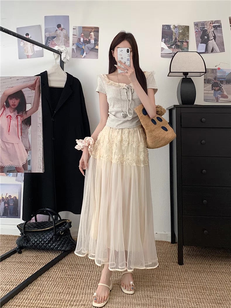 Beige 2D Rose Mesh Long Skirt