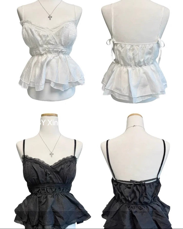 Mix Lace Strap Top (Black, White)