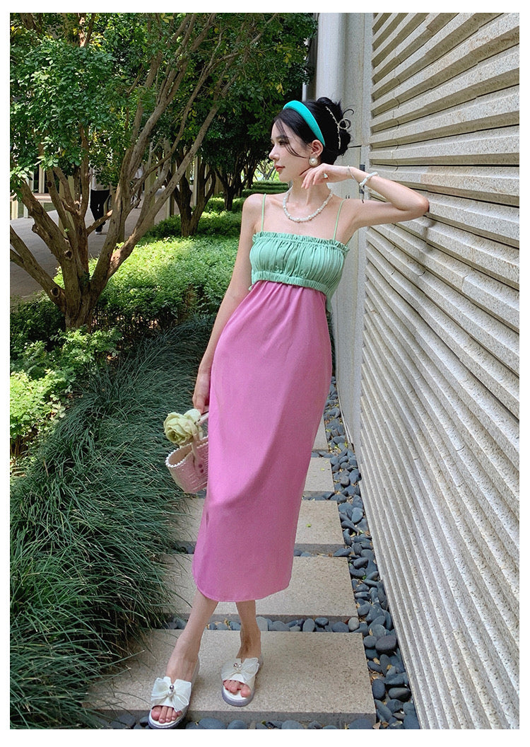 Green Mix Purple Satin Strap Dress (S, M)