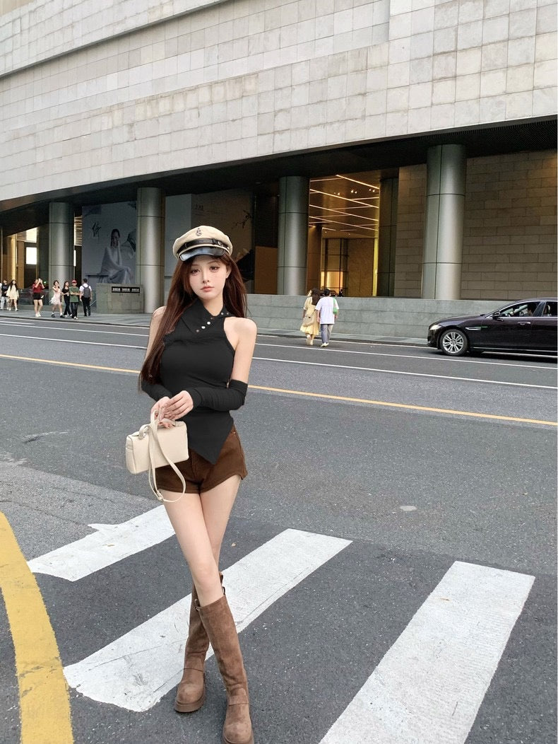 Halter Fur Sleeveless Top With Sleeve (White , Black)