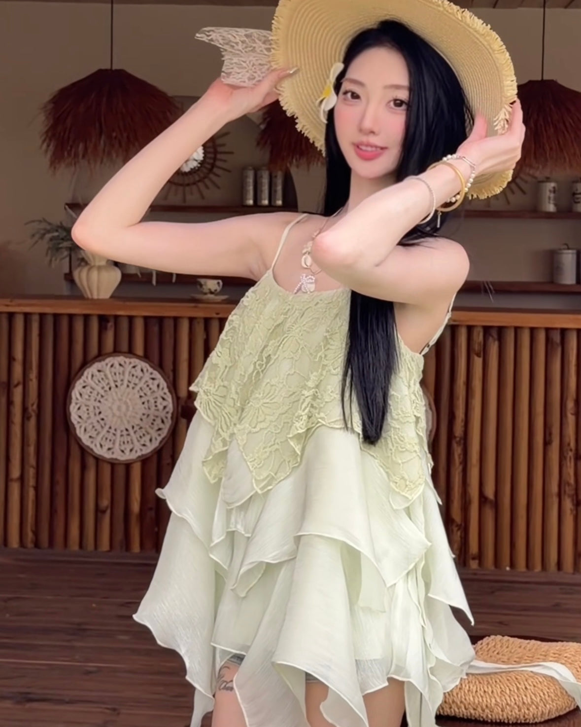 Green Chiffon Mix Laces Long Top