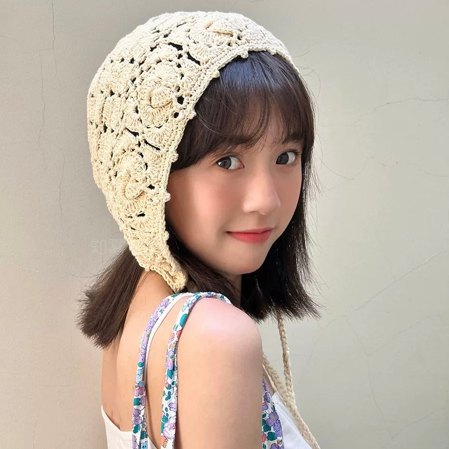 H34 Big Beige Strap Knitted Embroidery Hat