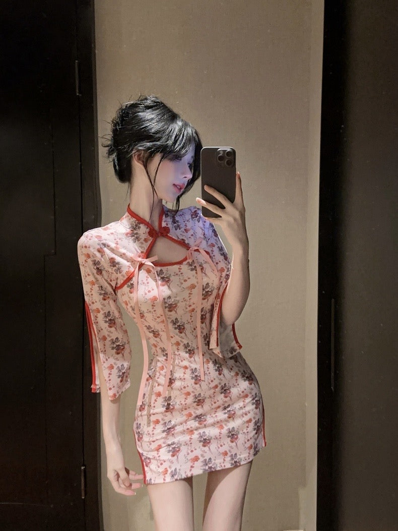 Red Rose Cheongsam Long Sleeve Short Dress (S)