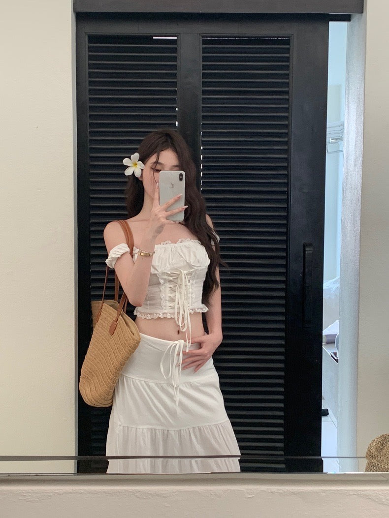 Cream White Lace Top + Long Skirt Two Pieces Set