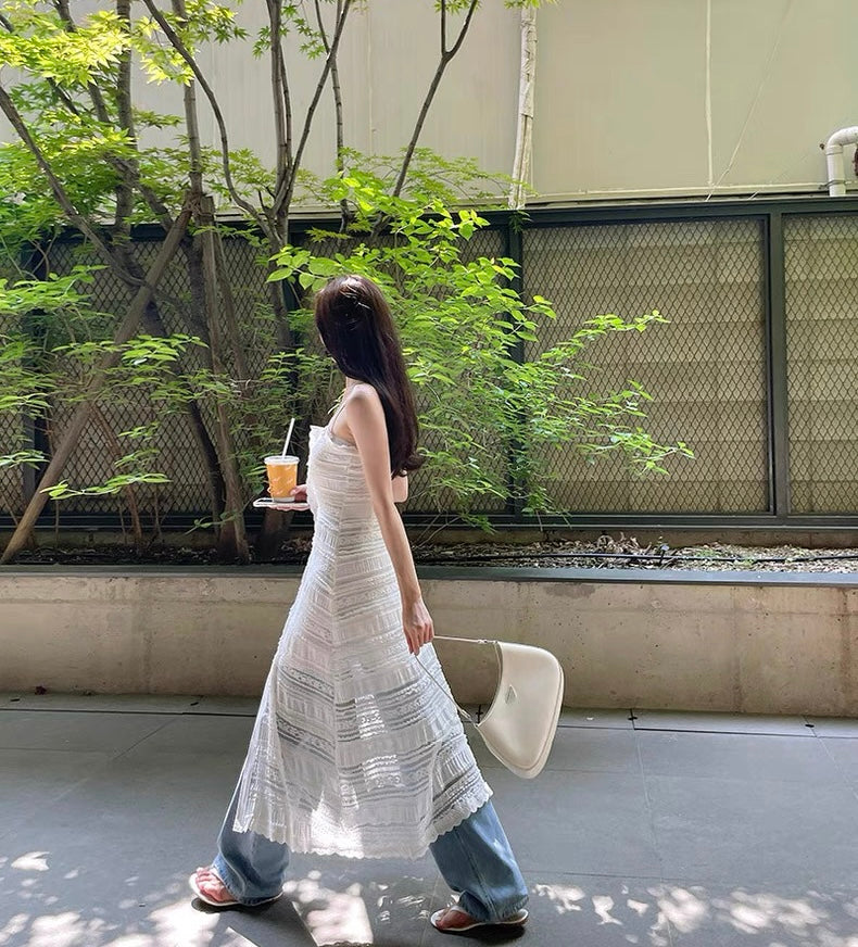 Cream White Embroidery Laces Long Dress Cardigan (S)