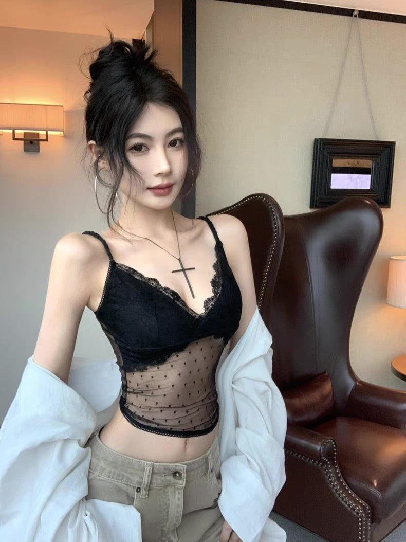 V Collar Polka Dot Lacey Strap Top
