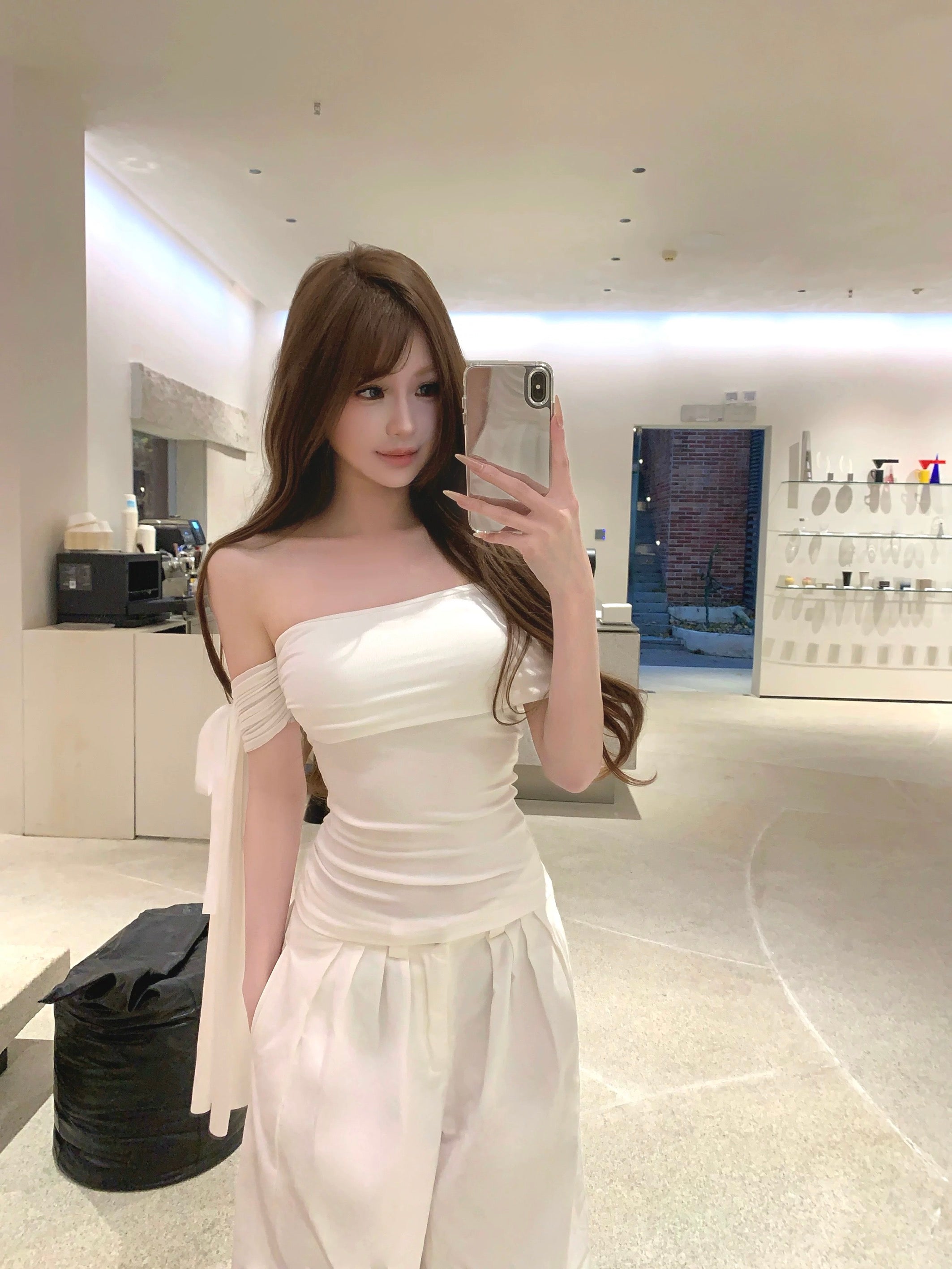 White Side Off Shoulder Sleeve Top