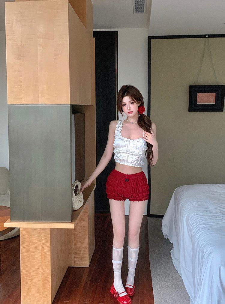 Red Low Waist Thin Puff Latern Short