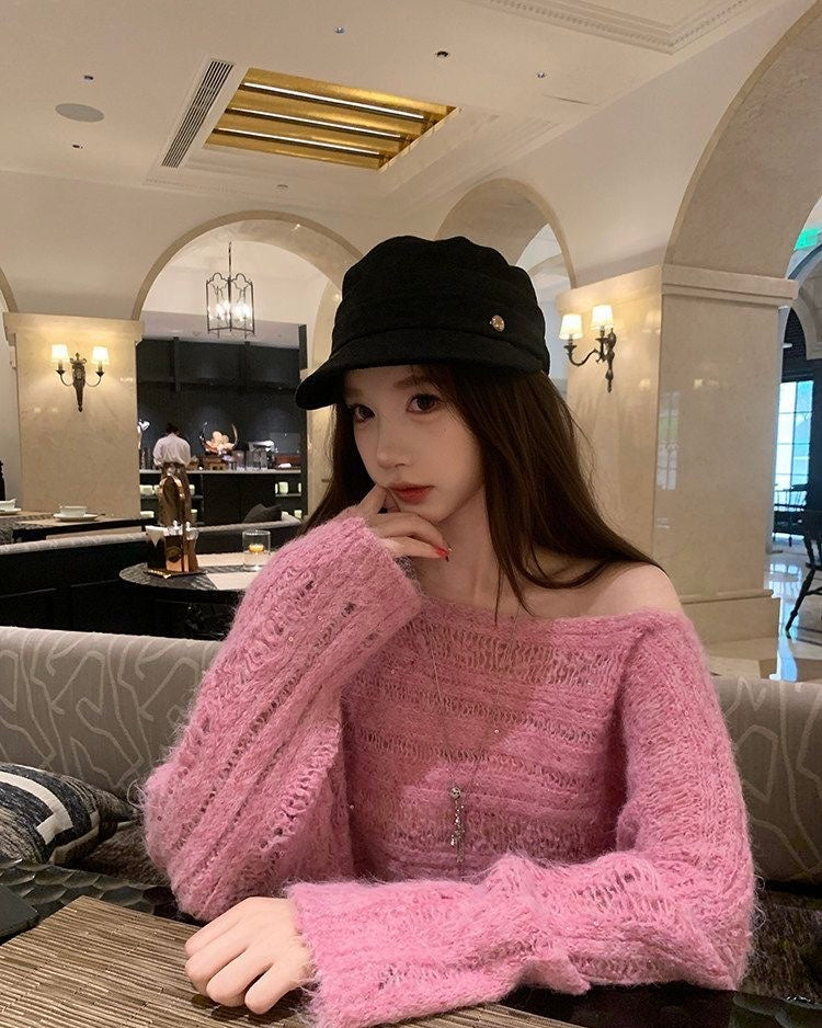 Off Shoulder Long Sleeve Pink Knitted Top