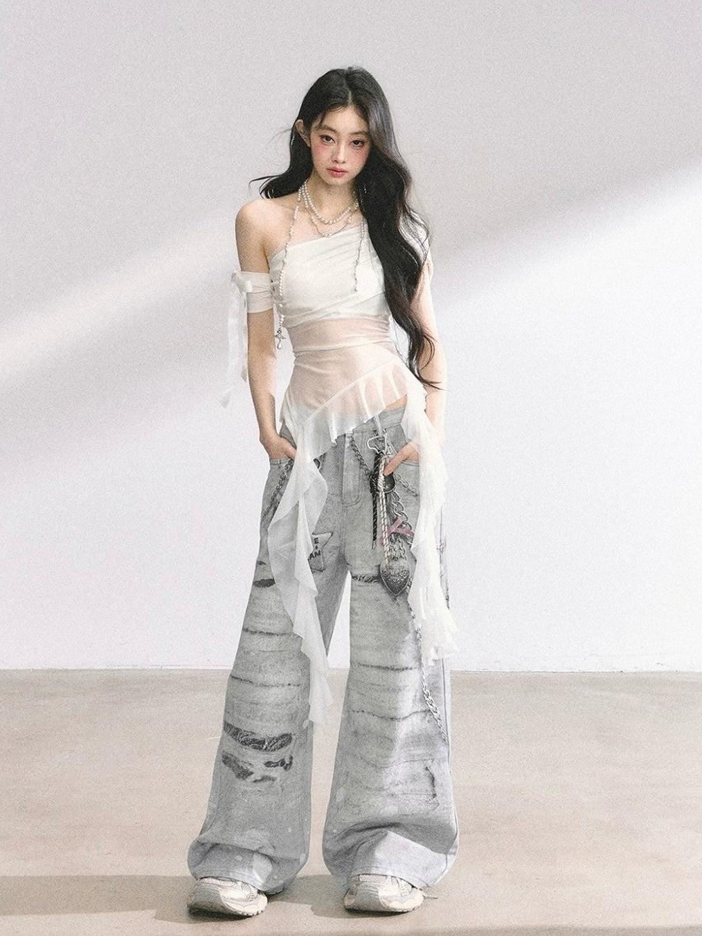 Laces Mesh Side Off Shoulder Sleeve Top