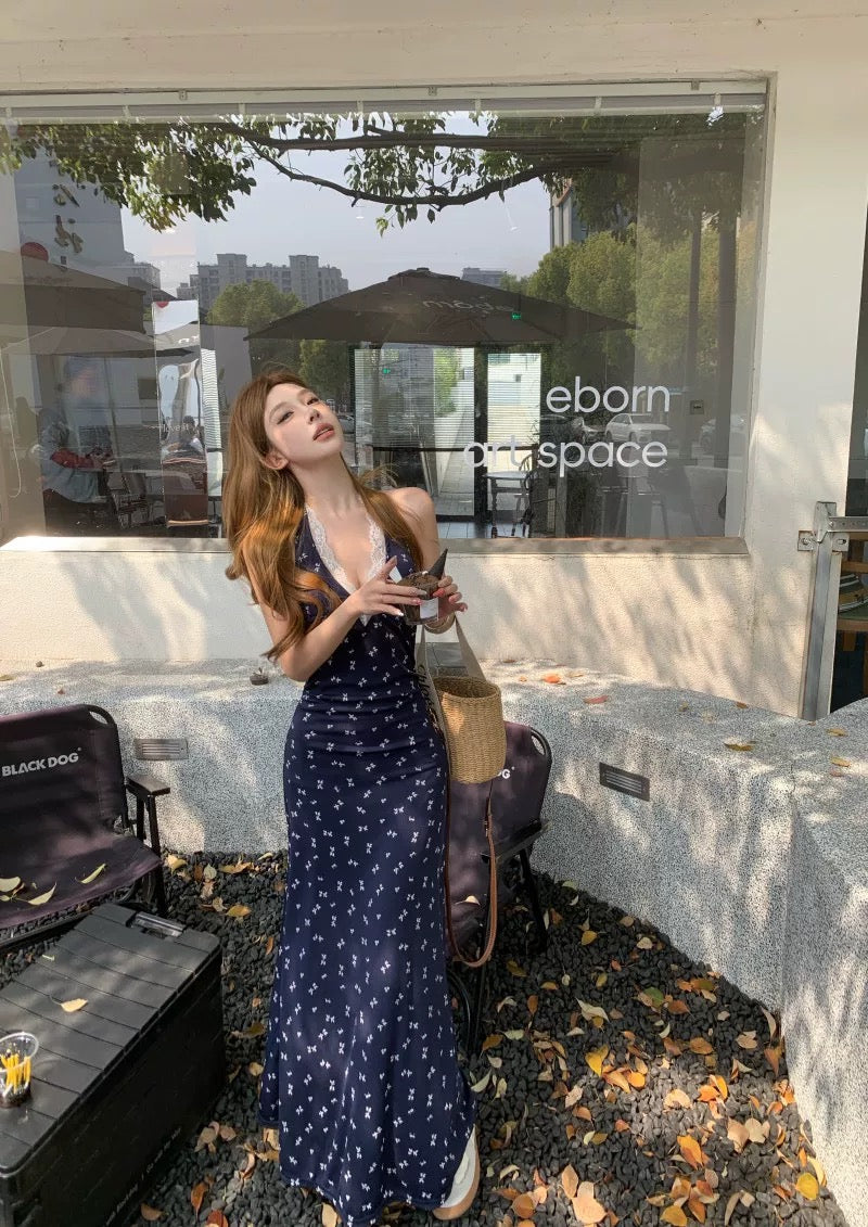 Round Collar Navy Long Dress (S)