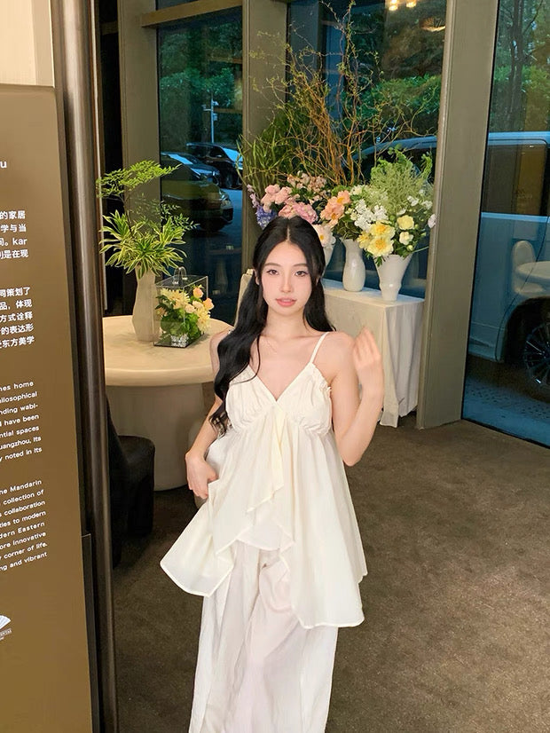 Bohemian Strap Top + Pants Two Piece Set (Cream)