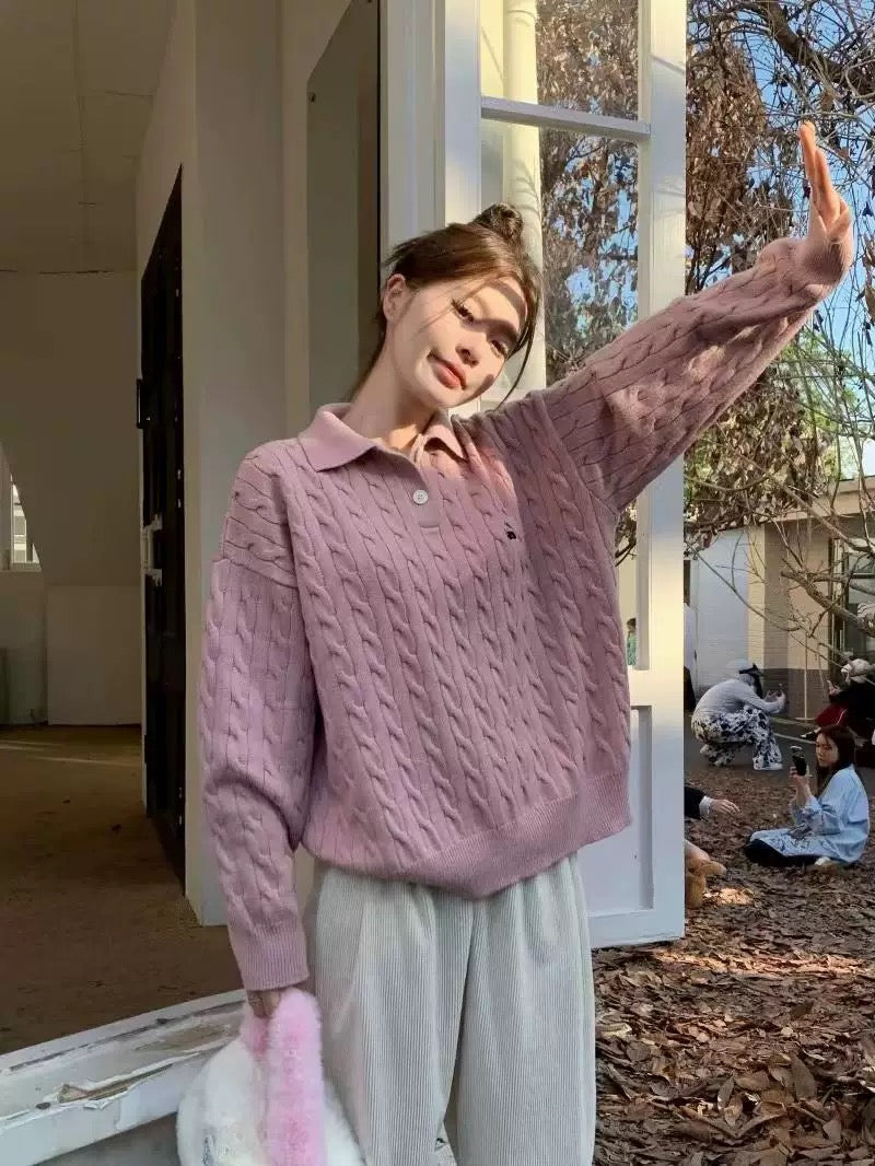 Collar Long Sleeve Cherry Knitted Top (Pink)
