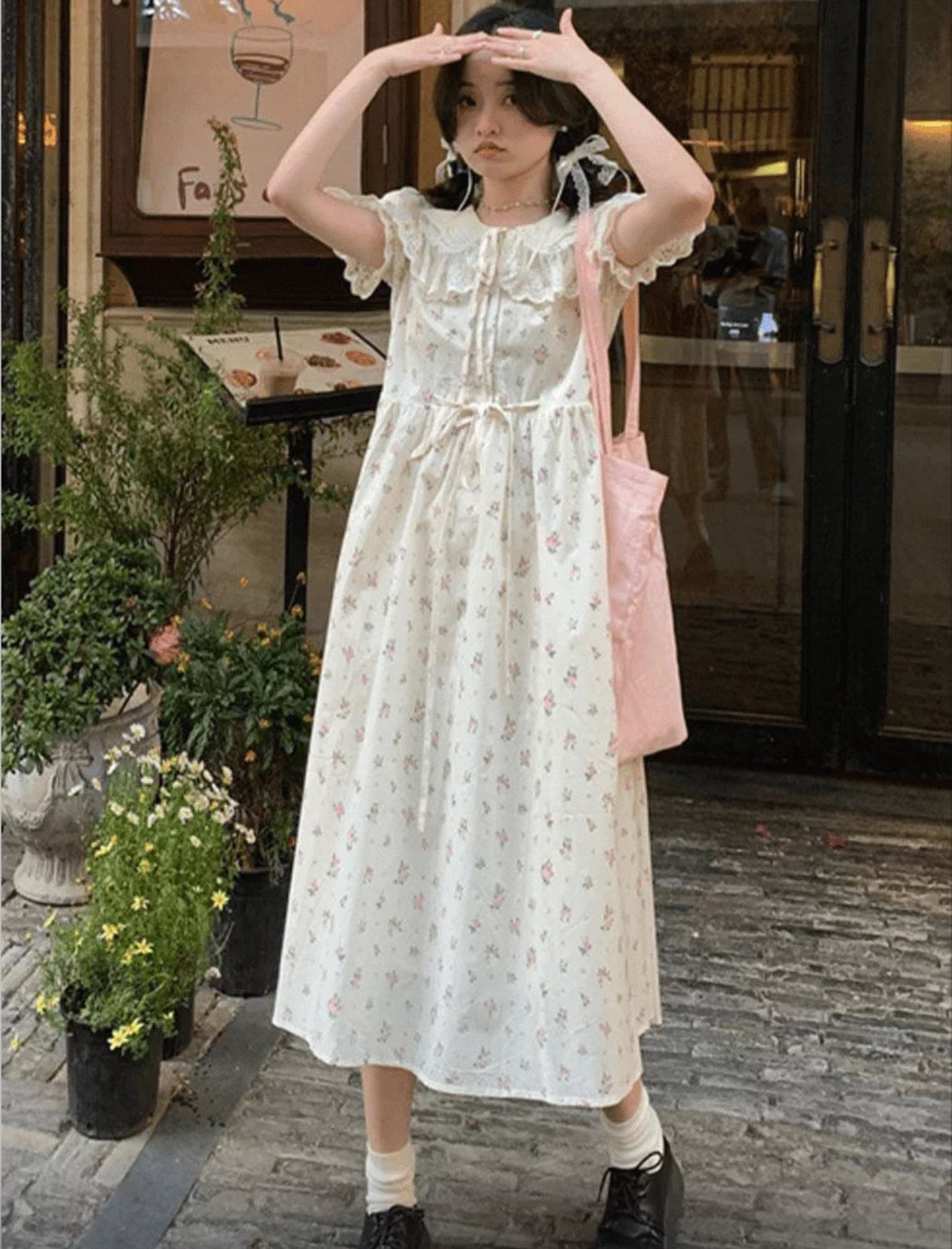 Mini Floral Beige Wide Long Dress