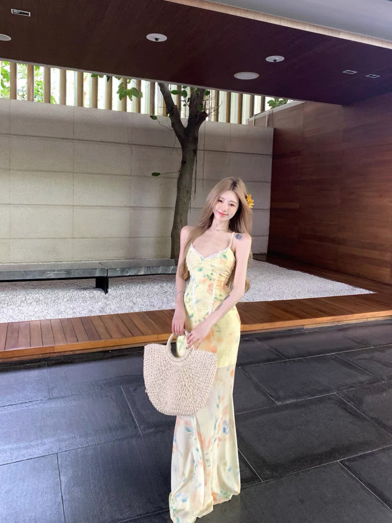 Lace Collar Yellow Long Dress