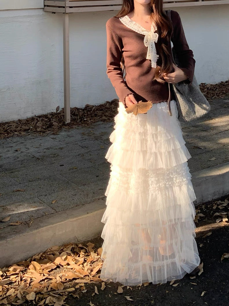 Creamy Layered Mesh Long Skirt