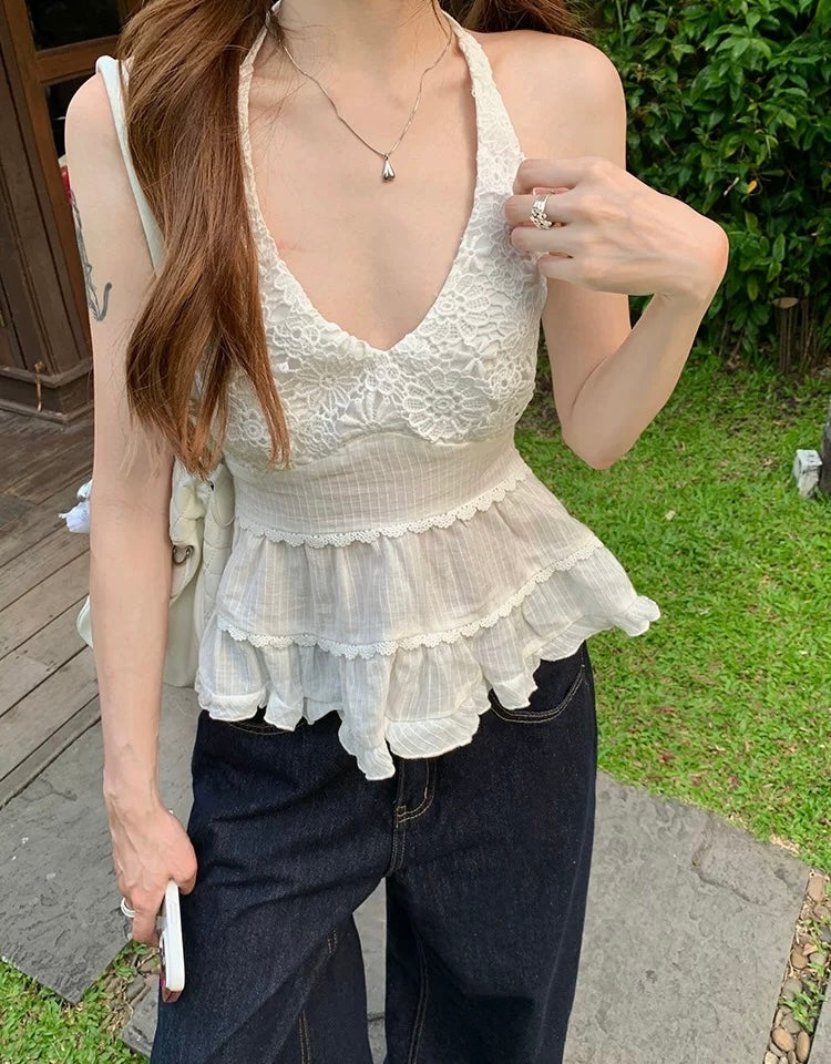 White Deep U collar Round Neck Top