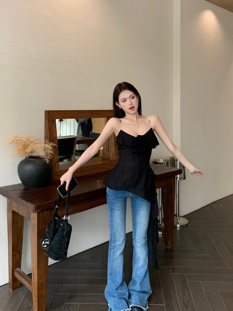 Summer Unequal Black Floral Strap Top