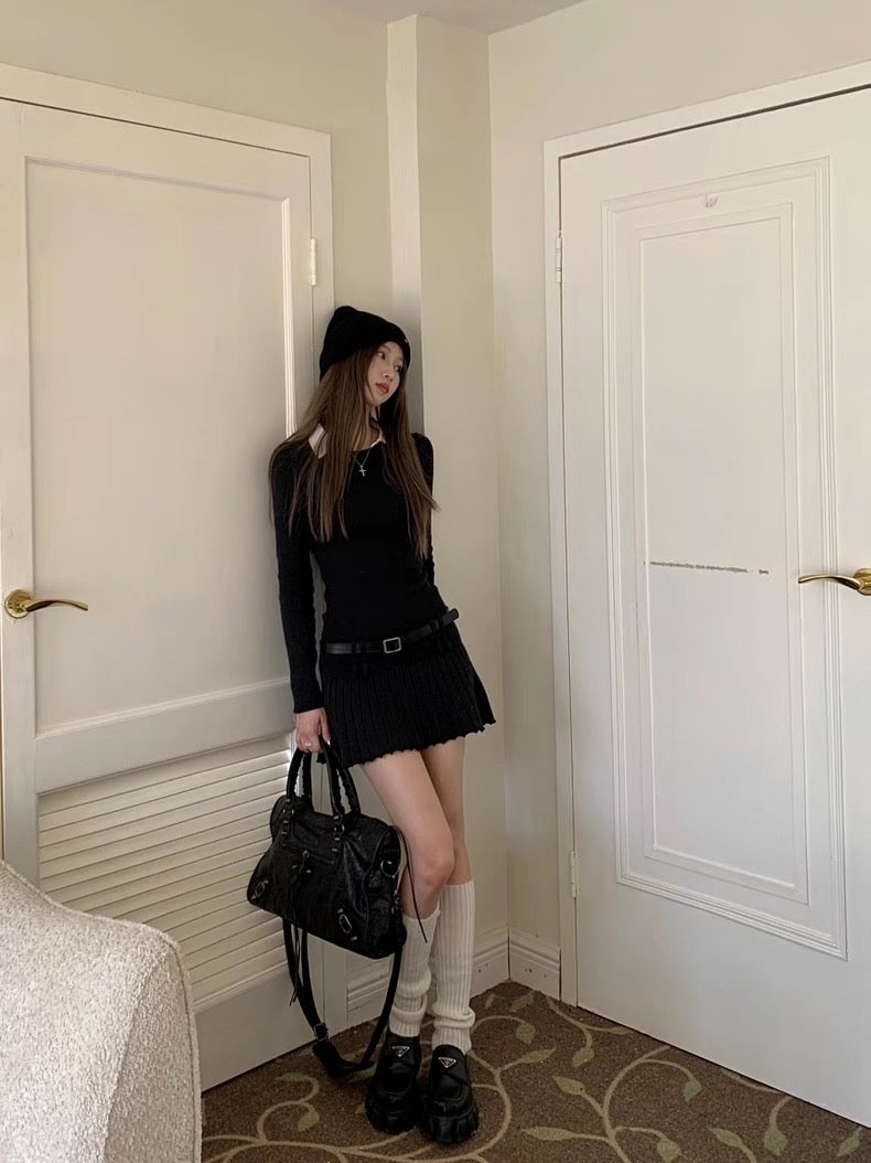 White Collar Black Long Sleeve Dress with Belt