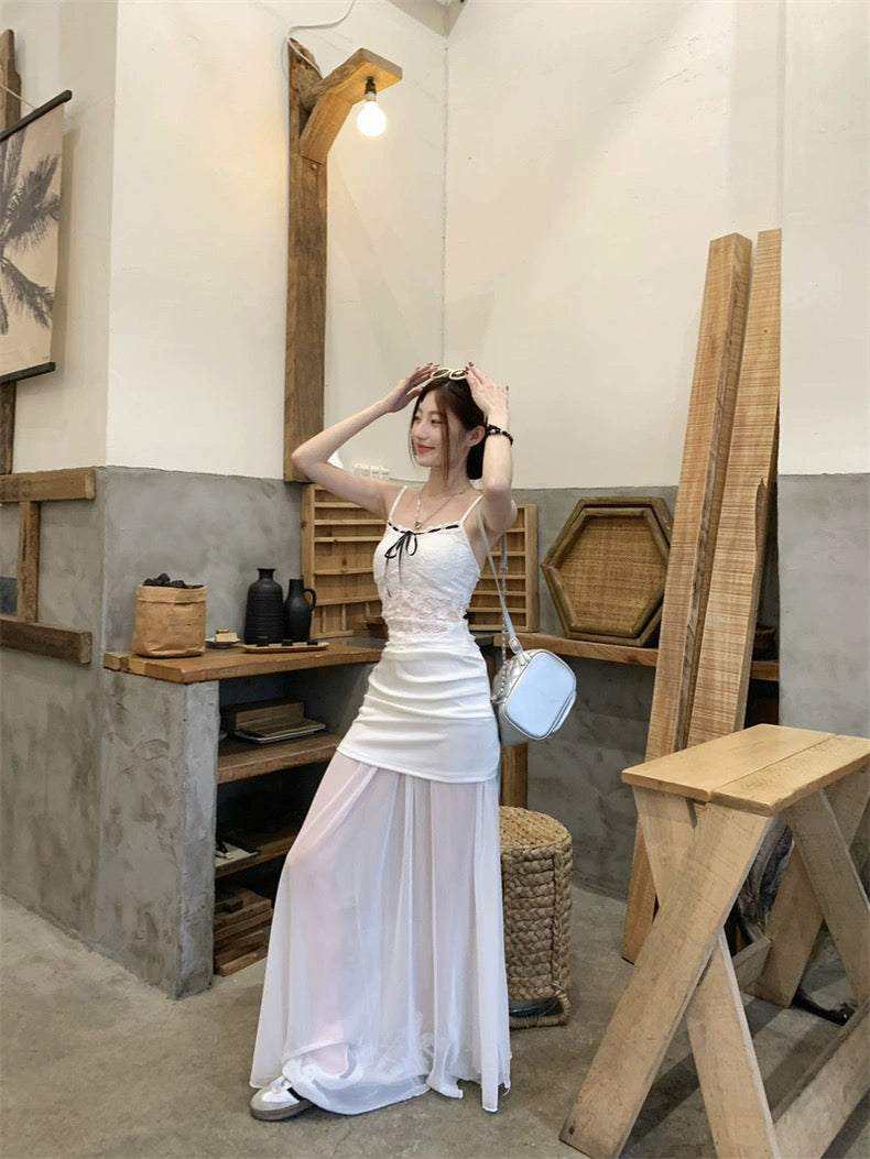Cream White Mesh Long Skirt (S, M)